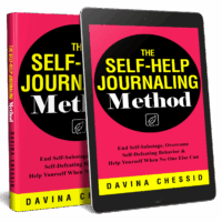 The Self-Help Journaling Method Book Cover Cover of the book, The Self-Help Journaling Method by Davina Chessid - hardcover book and book on tablet.