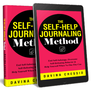 The Self-Help Journaling Method Book Cover Cover of the book, The Self-Help Journaling Method by Davina Chessid - hardcover book and book on tablet.